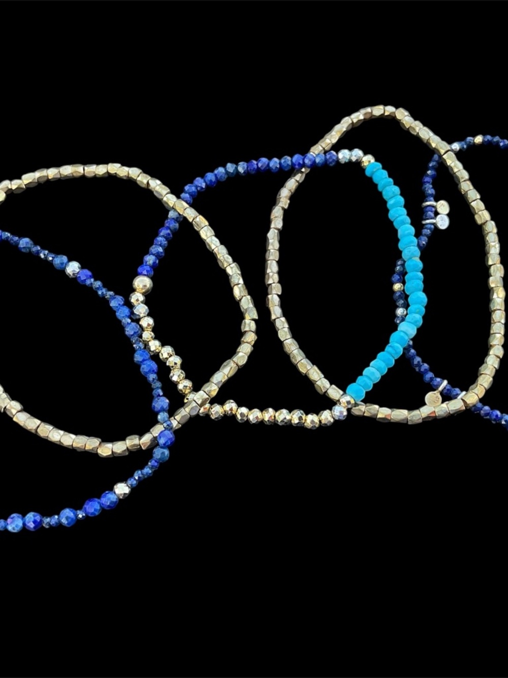 Gold and Blue Beaded Stretch Bracelet Set of 5